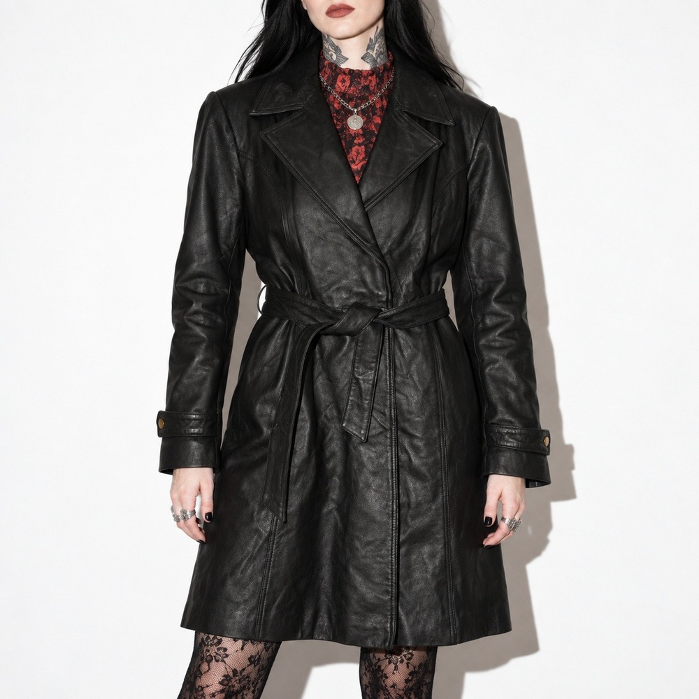 Centigrade Black Leather Trench Coat Womens L Biker Belted Long Tailored Jacket